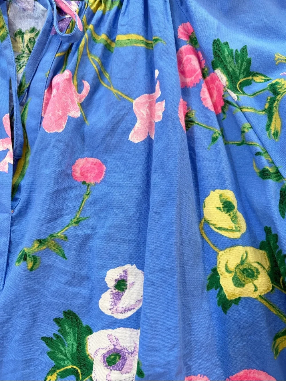 PRELOVED SZ L LOFT Cobalt Blue Floral Tie-Neck Puff Sleeve Top